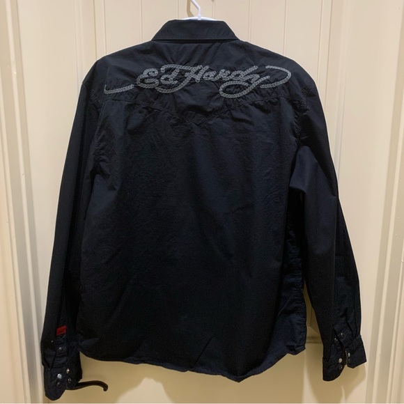 ED HARDY Mens Button down long sleeve Shirt Sz XL Black vintage